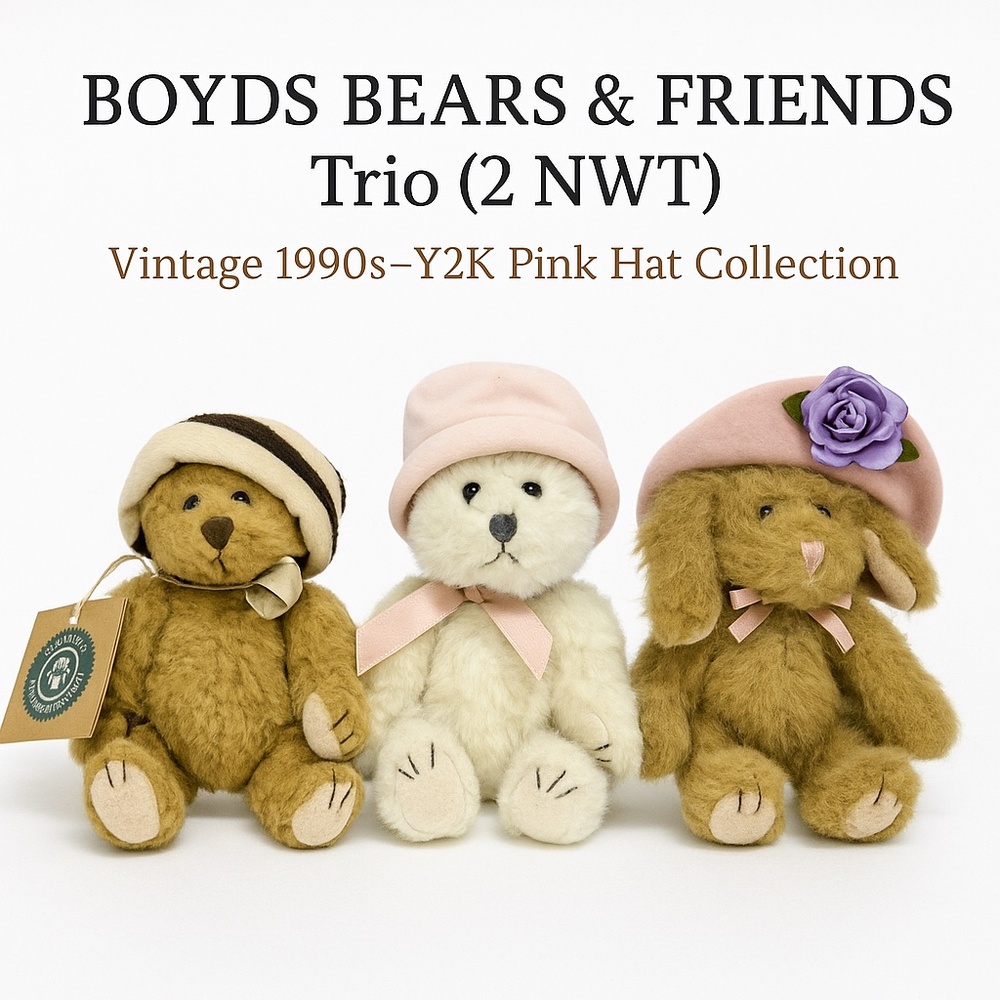 VINTAGE BOYDS BEARS & FRIENDS Pink-Hat Jointed Plush Trio (2 NWT) 1990s–Y2K Gift